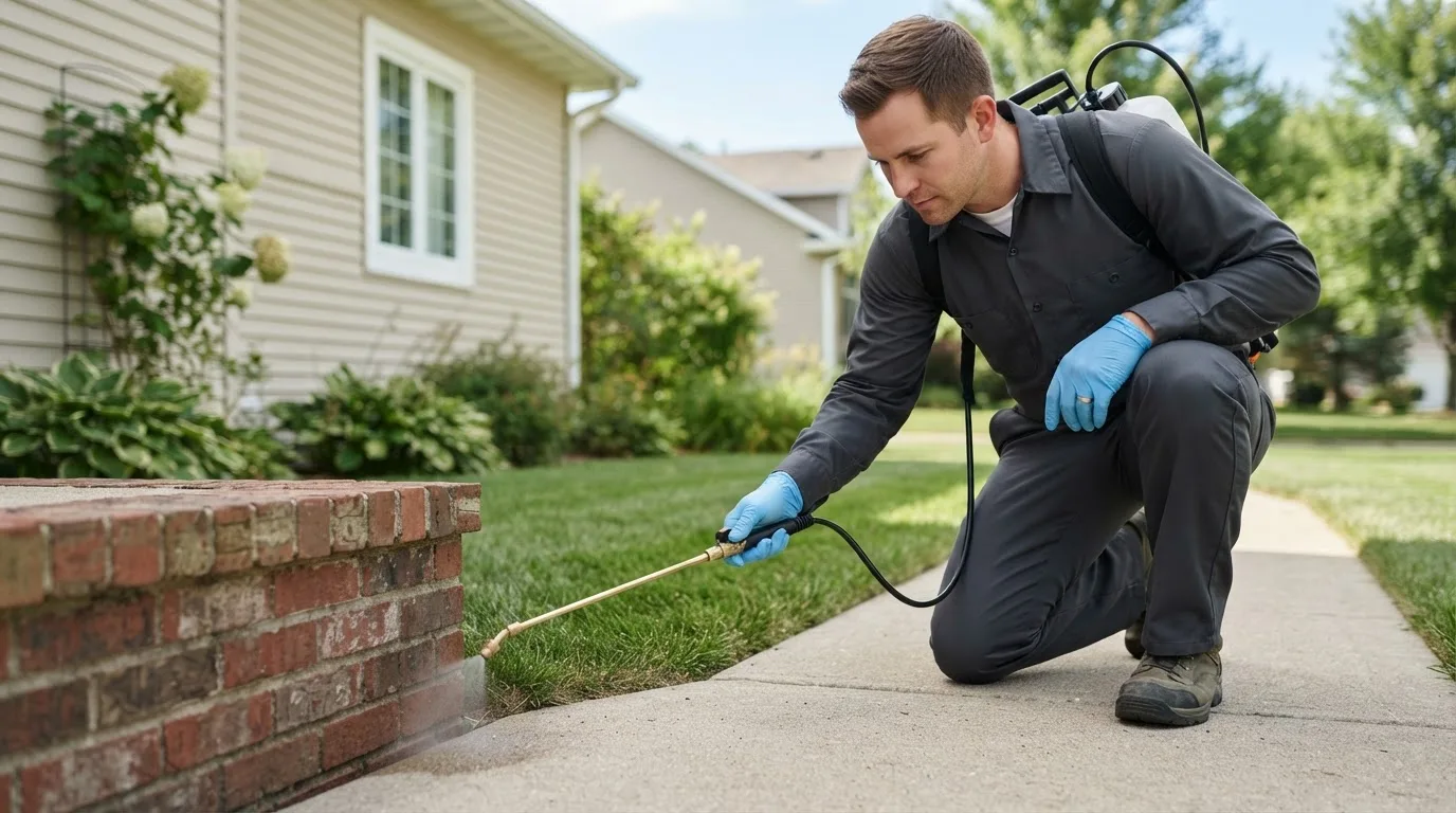 Pest control technician treating a home near Battle Creek, IA