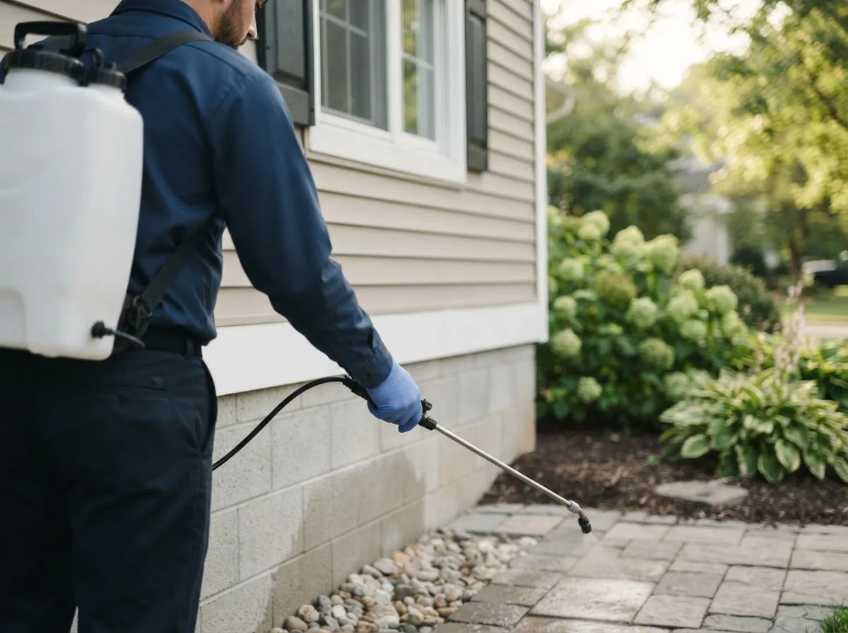 Pest control technician inspecting a home in Battle Creek, IA